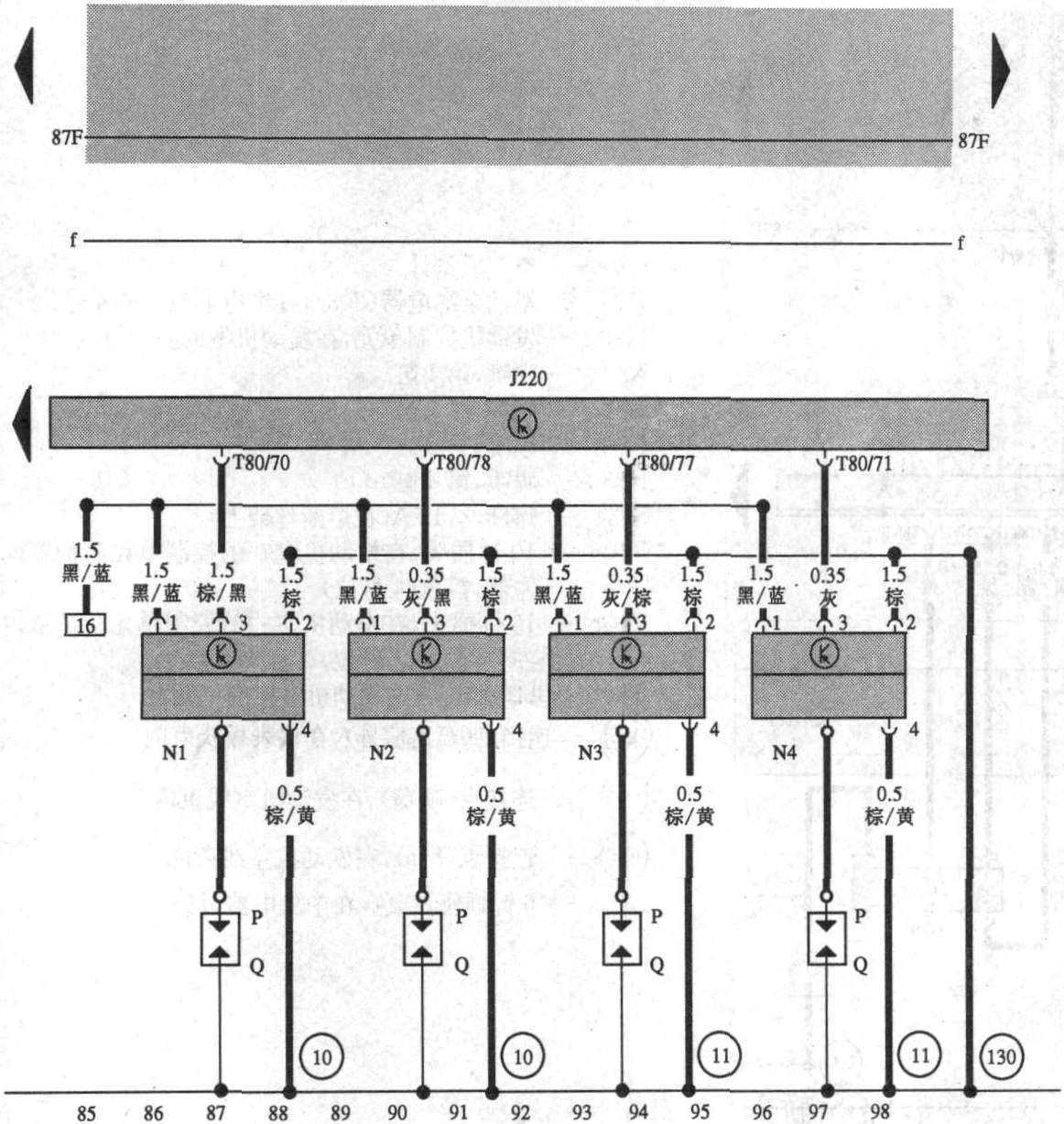 發(fā)動(dòng)機(jī)控制單元、四個(gè)汽缸的點(diǎn)火線圈、火花塞連接器和火花塞(85～98)